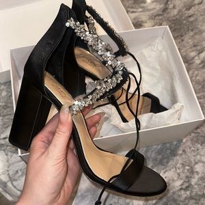 Badgley Mischka embellished black satin block heels